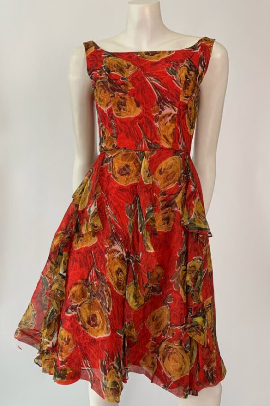 50s red chiffon dress